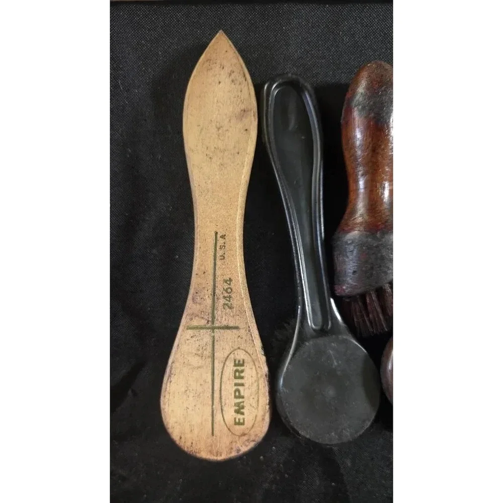 Vintage Wooden Shoe Shine Box, Stretcher & Care Accessories Lot